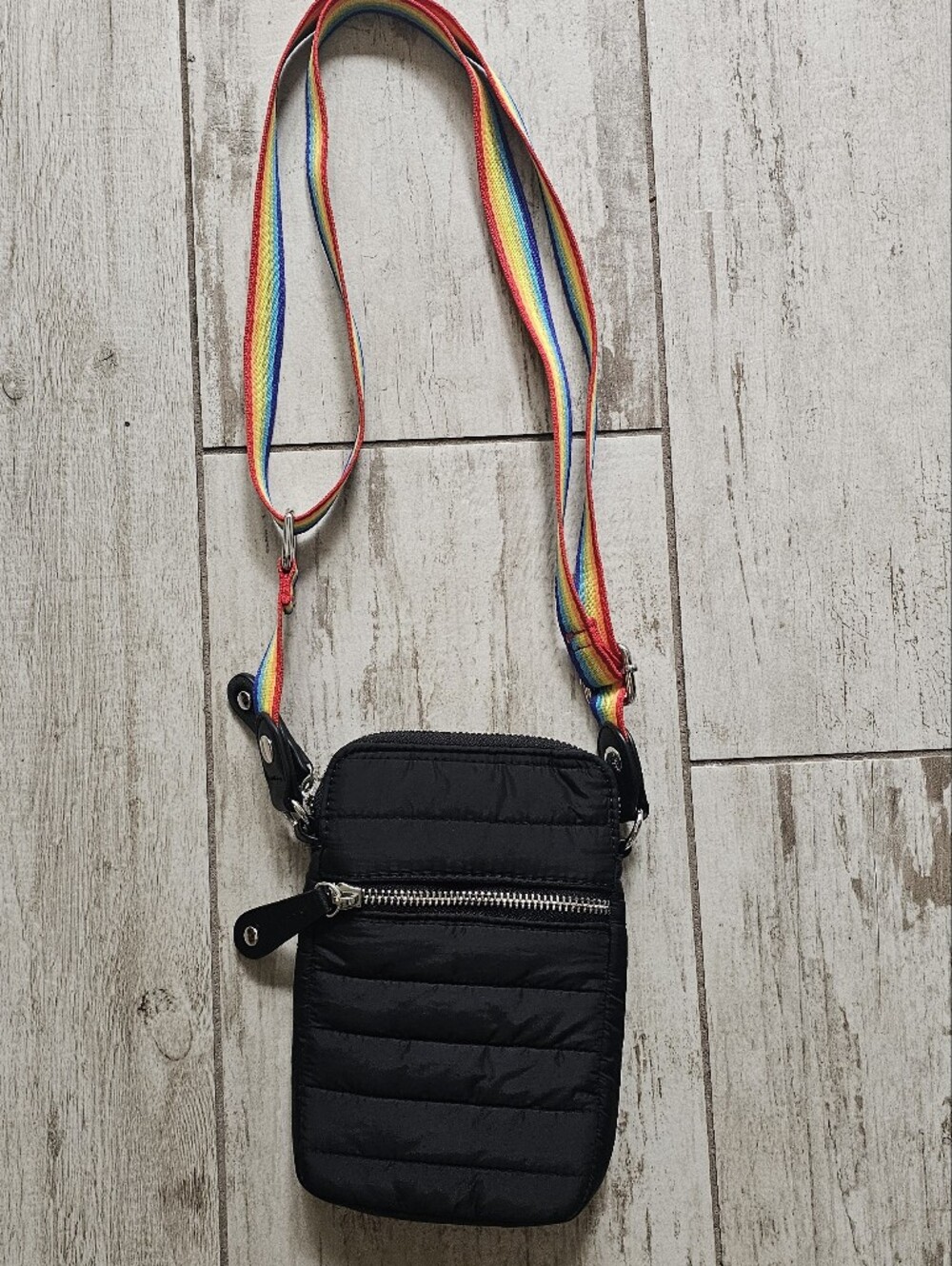 Black Quilted Crossbody Phone Bag with Rainbow Strap